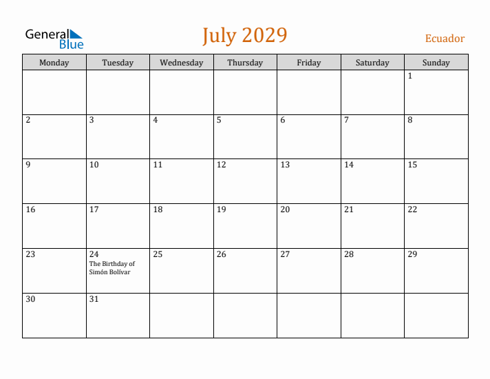 July 2029 Holiday Calendar with Monday Start