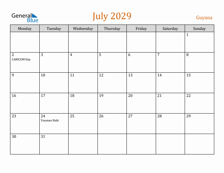 July 2029 Holiday Calendar with Monday Start