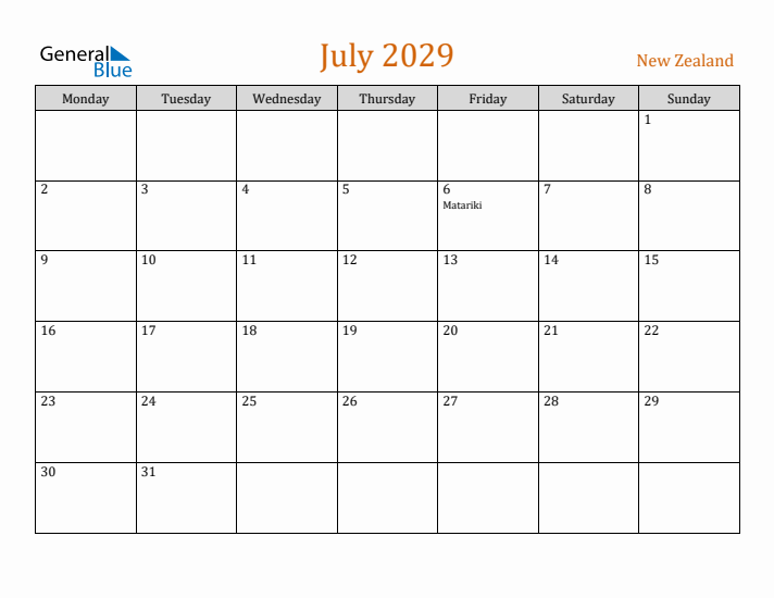 July 2029 Holiday Calendar with Monday Start