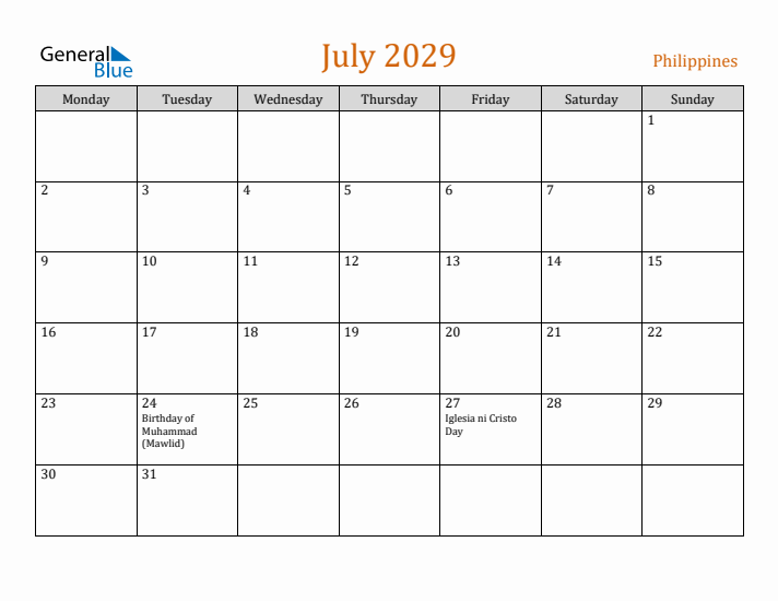 July 2029 Holiday Calendar with Monday Start