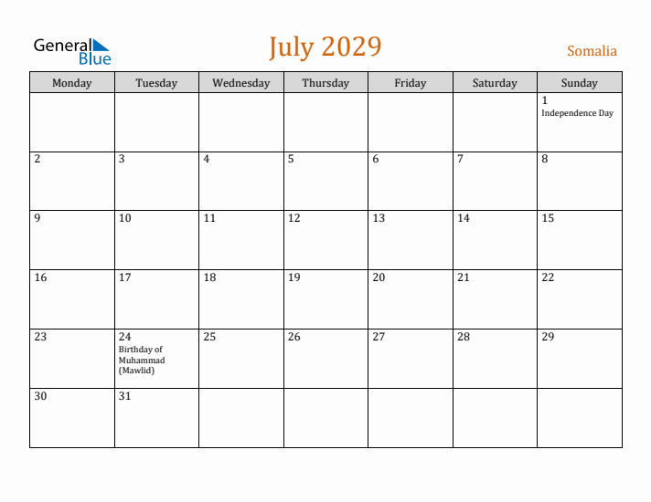 July 2029 Holiday Calendar with Monday Start