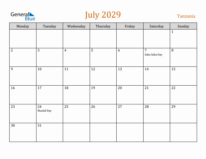 July 2029 Holiday Calendar with Monday Start