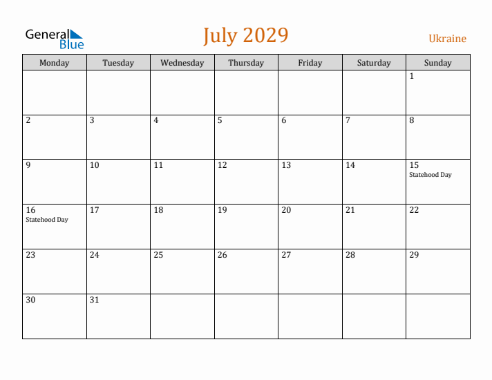 July 2029 Holiday Calendar with Monday Start