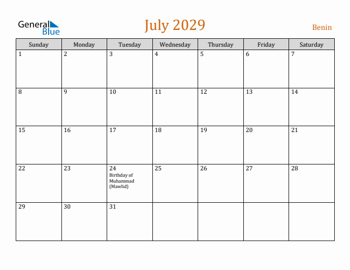 July 2029 Holiday Calendar with Sunday Start