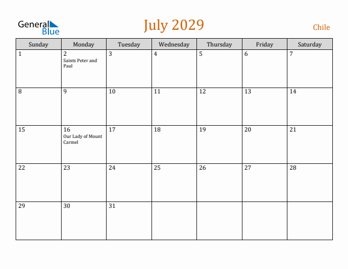 July 2029 Holiday Calendar with Sunday Start