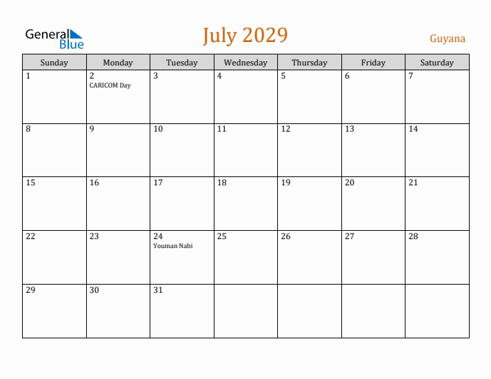 July 2029 Holiday Calendar with Sunday Start