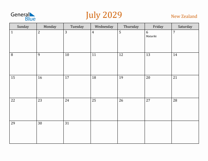 July 2029 Holiday Calendar with Sunday Start