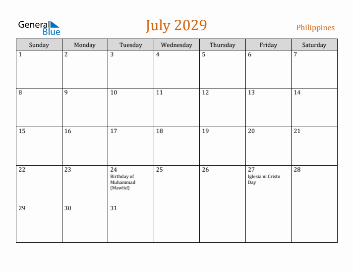 July 2029 Holiday Calendar with Sunday Start