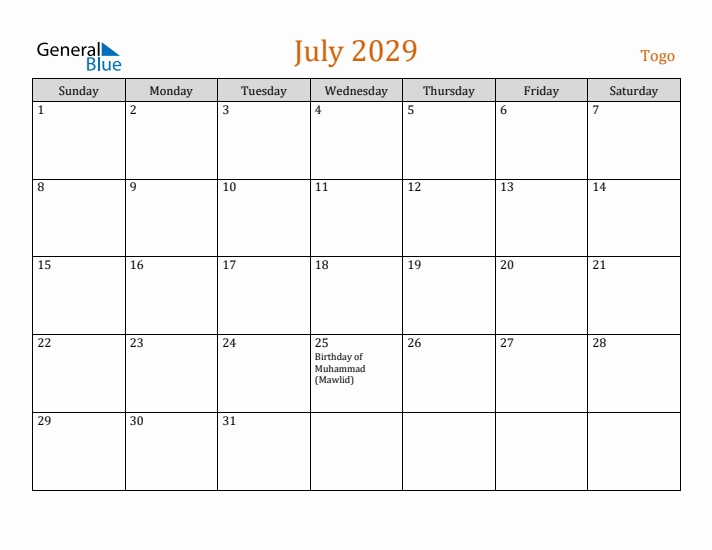 July 2029 Holiday Calendar with Sunday Start