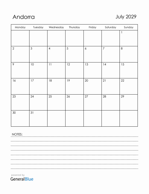 July 2029 Andorra Calendar with Holidays (Monday Start)