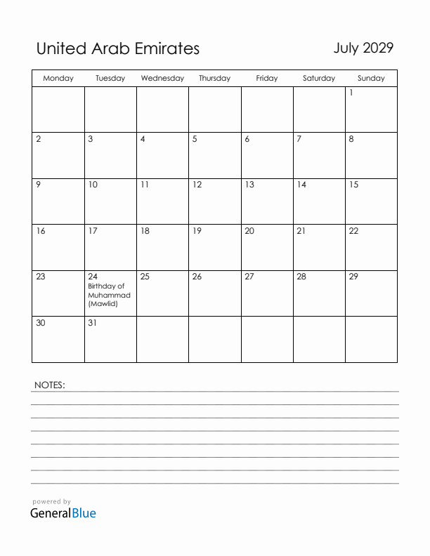 July 2029 United Arab Emirates Calendar with Holidays (Monday Start)