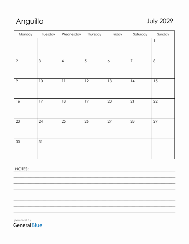 July 2029 Anguilla Calendar with Holidays (Monday Start)