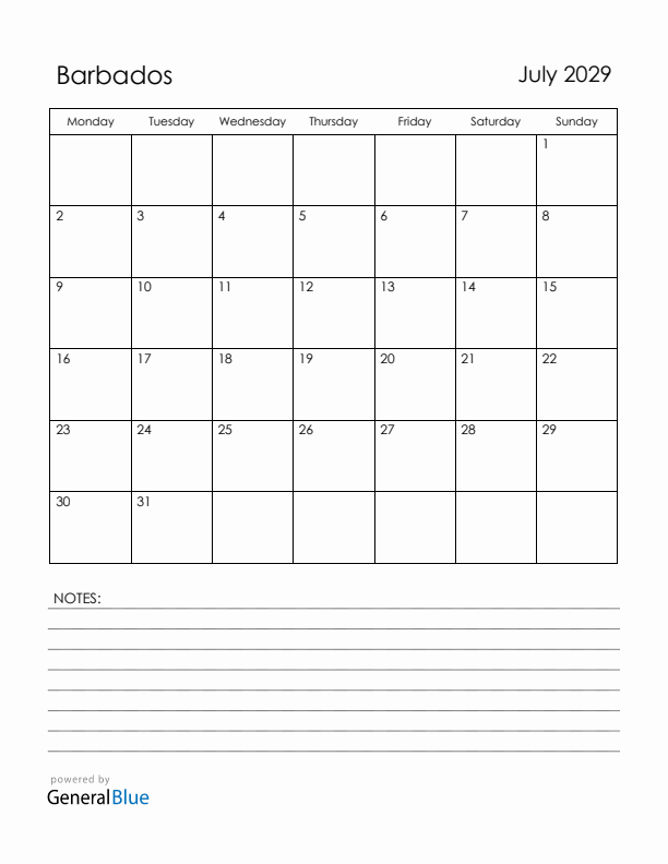 July 2029 Barbados Calendar with Holidays (Monday Start)