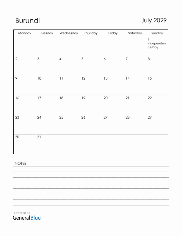 July 2029 Burundi Calendar with Holidays (Monday Start)