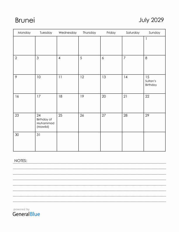 July 2029 Brunei Calendar with Holidays (Monday Start)