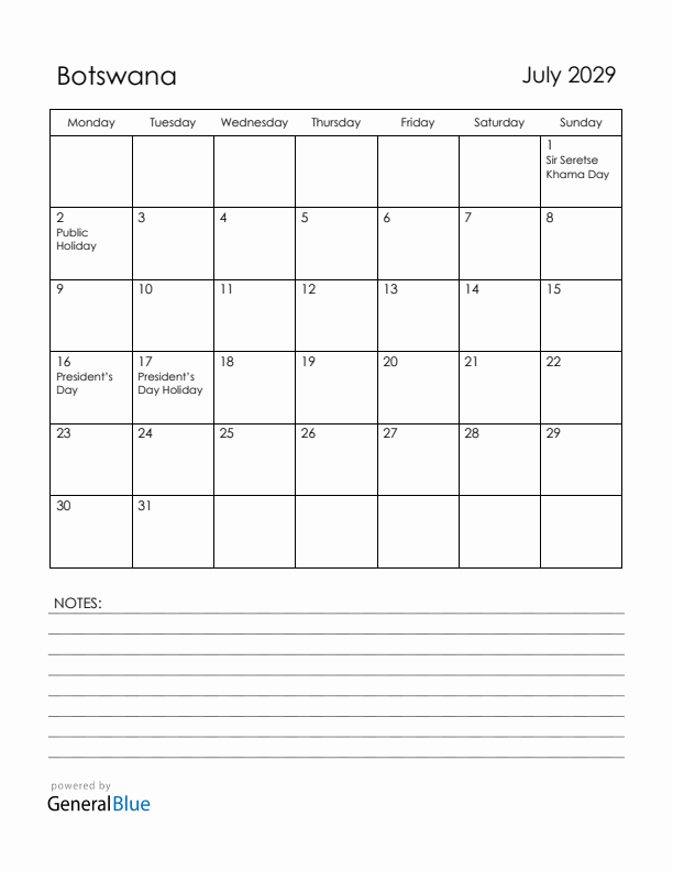 July 2029 Botswana Calendar with Holidays (Monday Start)