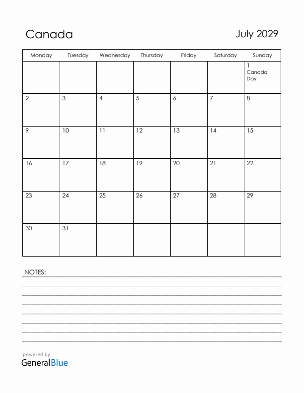 July 2029 Canada Calendar with Holidays (Monday Start)