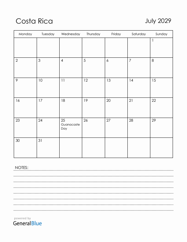 July 2029 Costa Rica Calendar with Holidays (Monday Start)