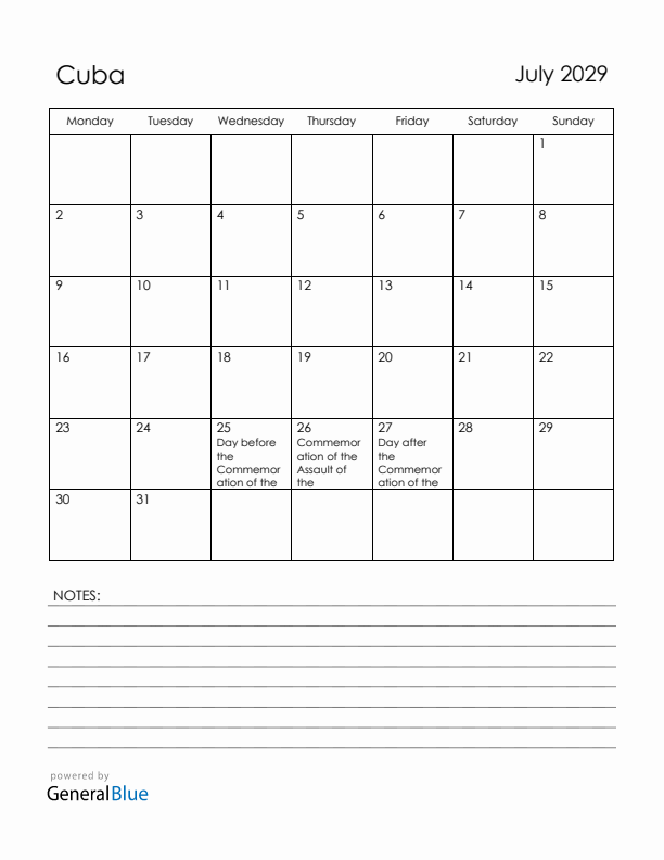 July 2029 Cuba Calendar with Holidays (Monday Start)