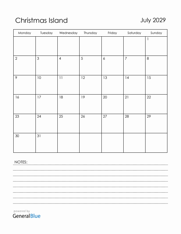 July 2029 Christmas Island Calendar with Holidays (Monday Start)