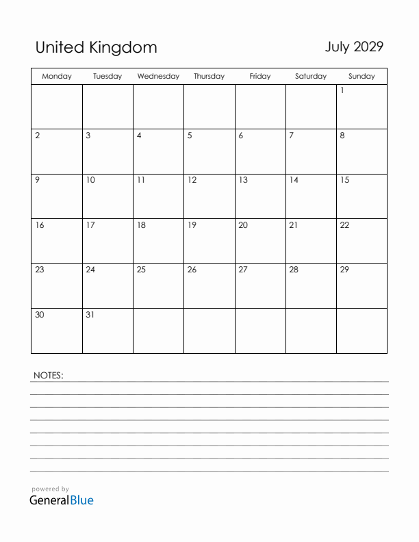 July 2029 United Kingdom Calendar with Holidays (Monday Start)