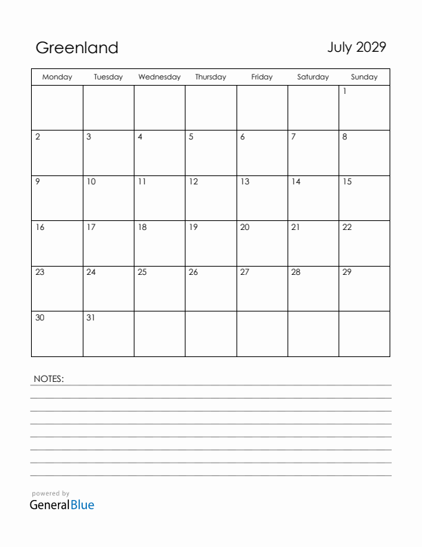 July 2029 Greenland Calendar with Holidays (Monday Start)