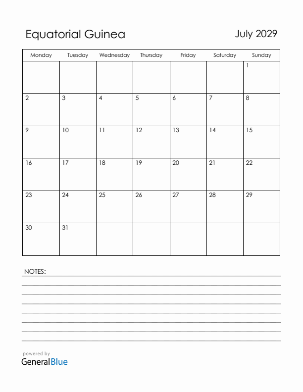 July 2029 Equatorial Guinea Calendar with Holidays (Monday Start)