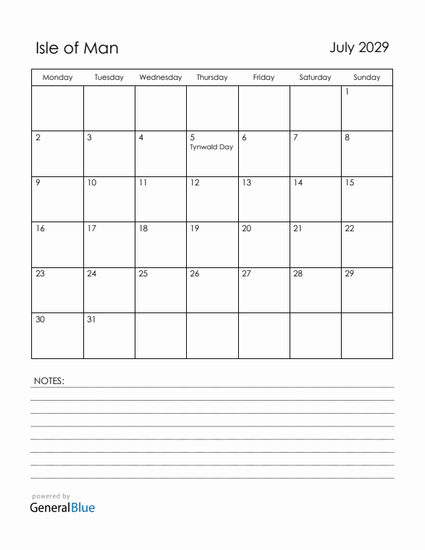 July 2029 Isle of Man Calendar with Holidays (Monday Start)