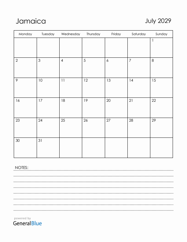 July 2029 Jamaica Calendar with Holidays (Monday Start)