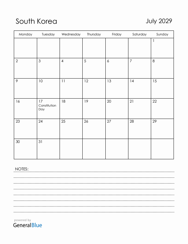 July 2029 South Korea Calendar with Holidays (Monday Start)