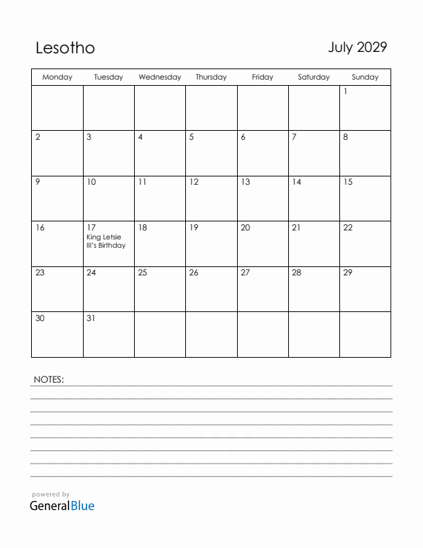 July 2029 Lesotho Calendar with Holidays (Monday Start)