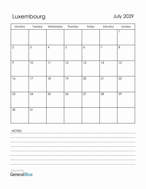 July 2029 Luxembourg Calendar with Holidays (Monday Start)