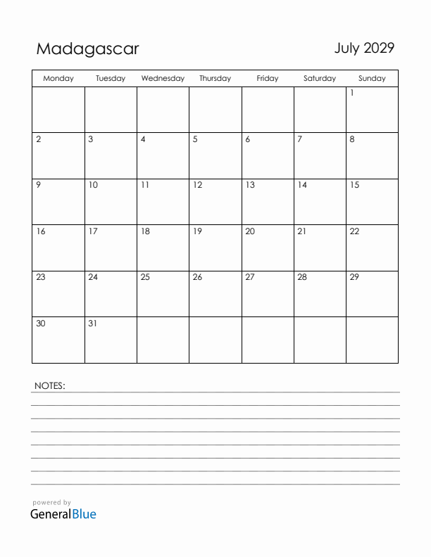 July 2029 Madagascar Calendar with Holidays (Monday Start)