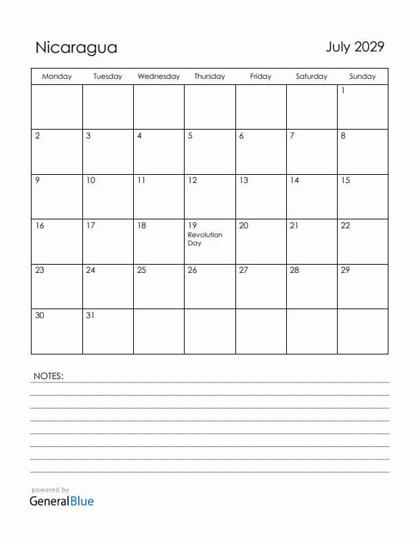 July 2029 Nicaragua Calendar with Holidays (Monday Start)