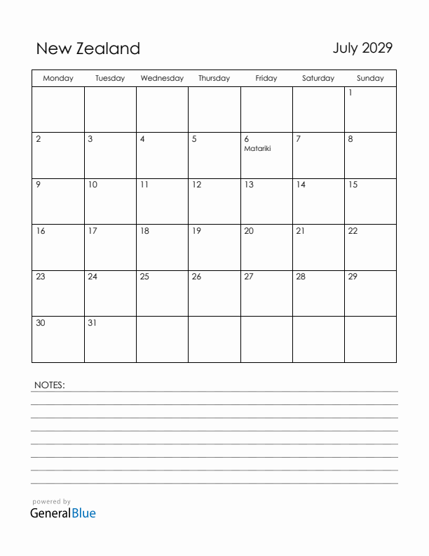 July 2029 New Zealand Calendar with Holidays (Monday Start)