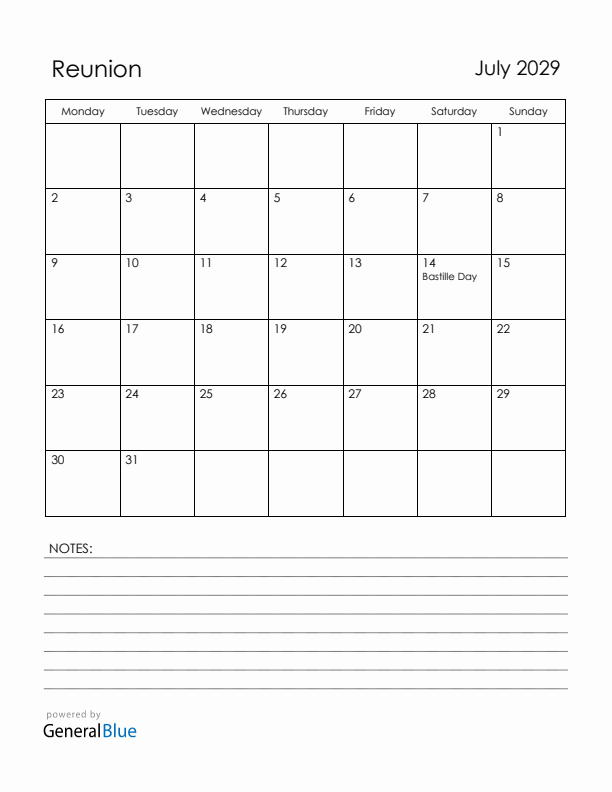 July 2029 Reunion Calendar with Holidays (Monday Start)