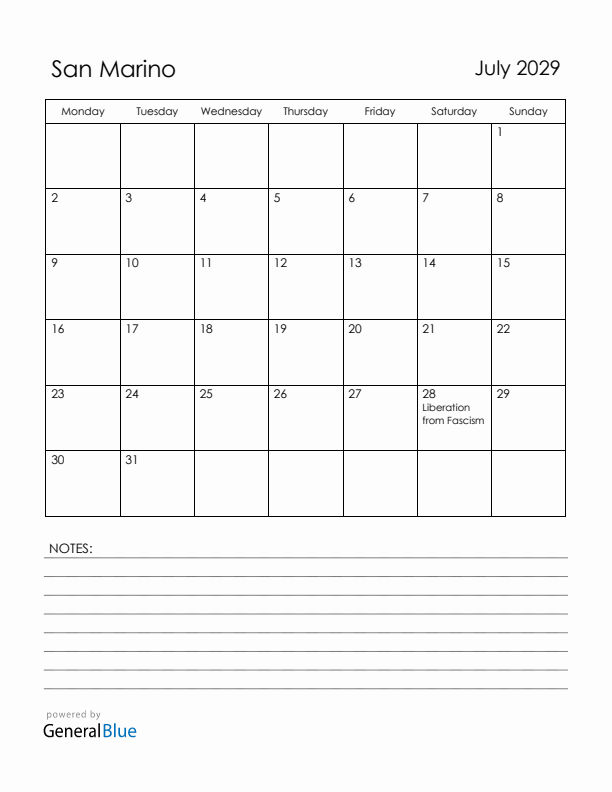 July 2029 San Marino Calendar with Holidays (Monday Start)