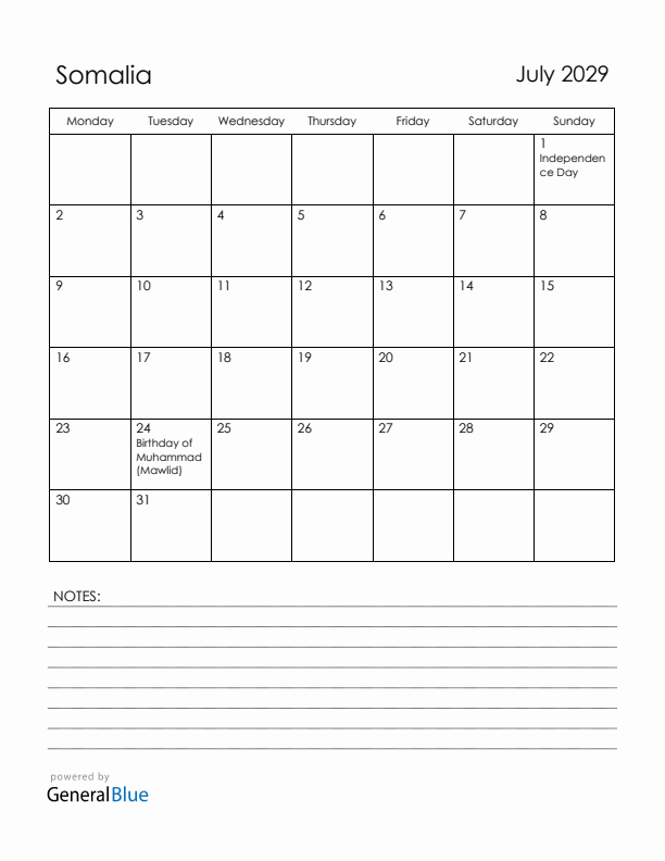 July 2029 Somalia Calendar with Holidays (Monday Start)