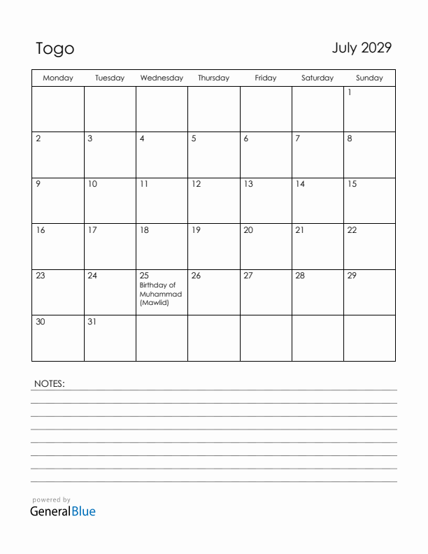 July 2029 Togo Calendar with Holidays (Monday Start)