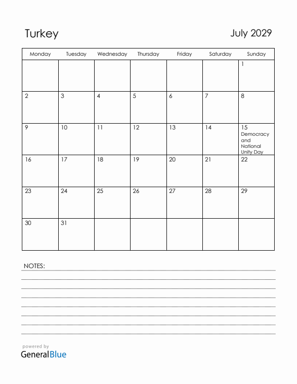 July 2029 Turkey Calendar with Holidays (Monday Start)