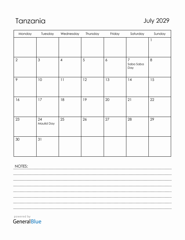 July 2029 Tanzania Calendar with Holidays (Monday Start)