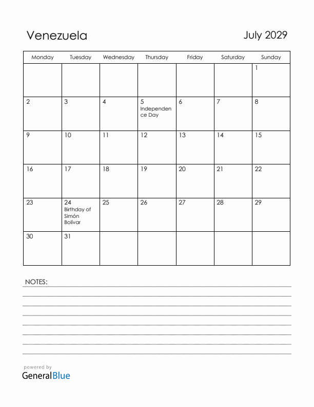 July 2029 Venezuela Calendar with Holidays (Monday Start)