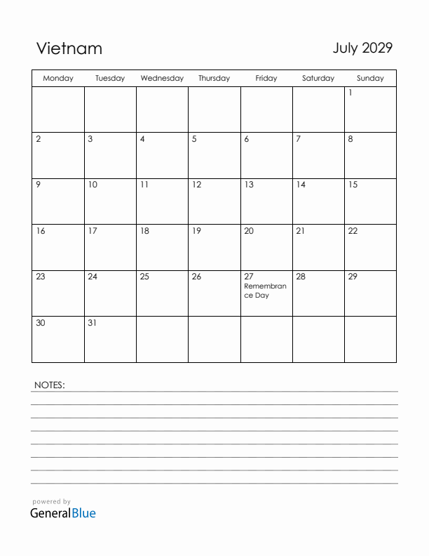 July 2029 Vietnam Calendar with Holidays (Monday Start)