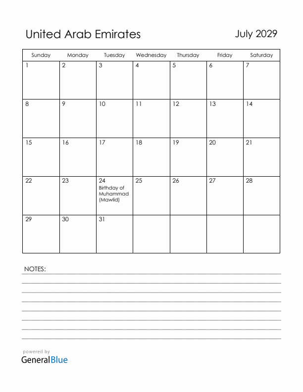 July 2029 United Arab Emirates Calendar with Holidays (Sunday Start)