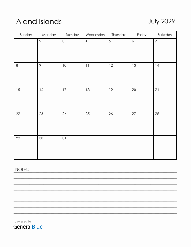 July 2029 Aland Islands Calendar with Holidays (Sunday Start)