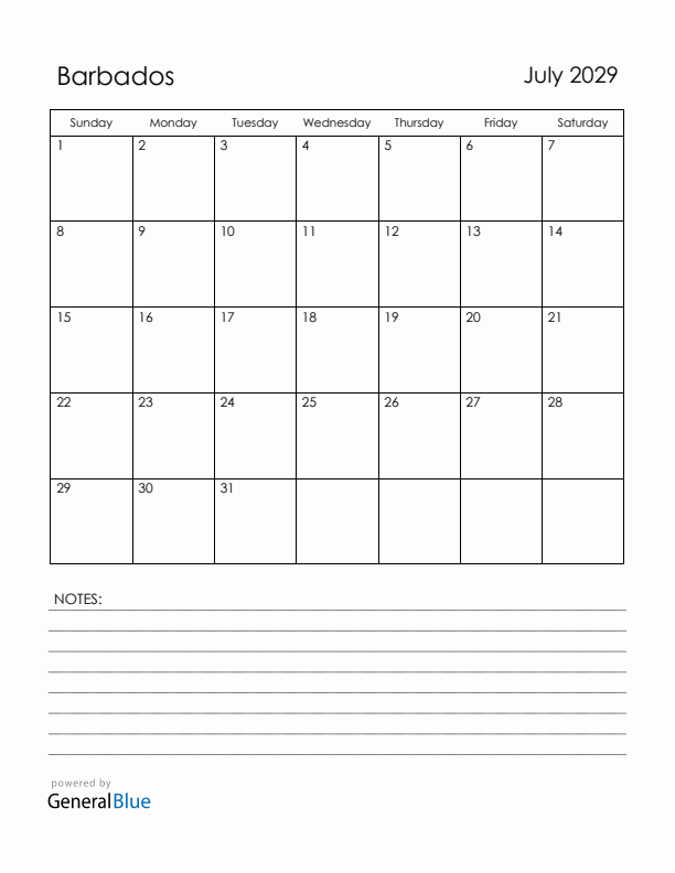 July 2029 Barbados Calendar with Holidays (Sunday Start)