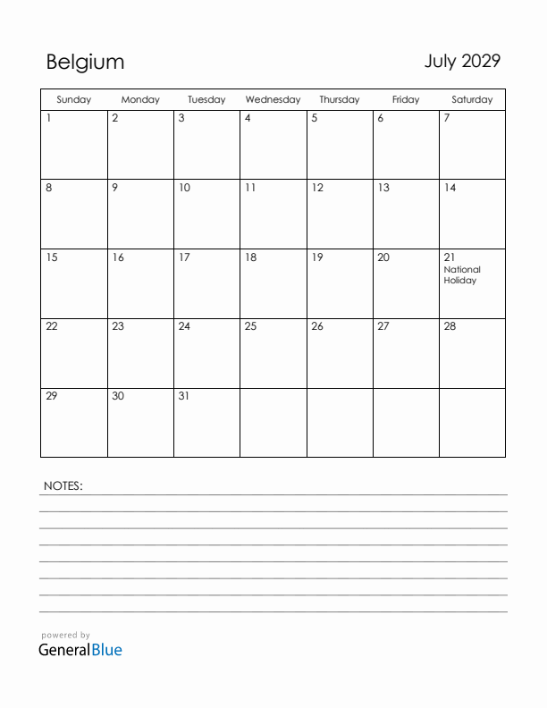 July 2029 Belgium Calendar with Holidays (Sunday Start)