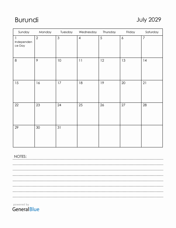 July 2029 Burundi Calendar with Holidays (Sunday Start)