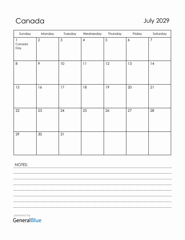 July 2029 Canada Calendar with Holidays (Sunday Start)