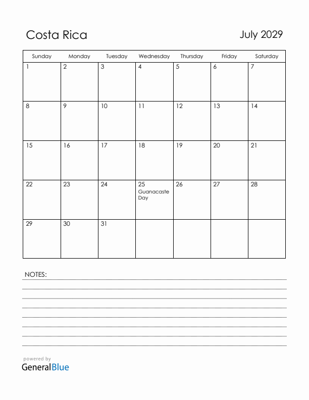 July 2029 Costa Rica Calendar with Holidays (Sunday Start)